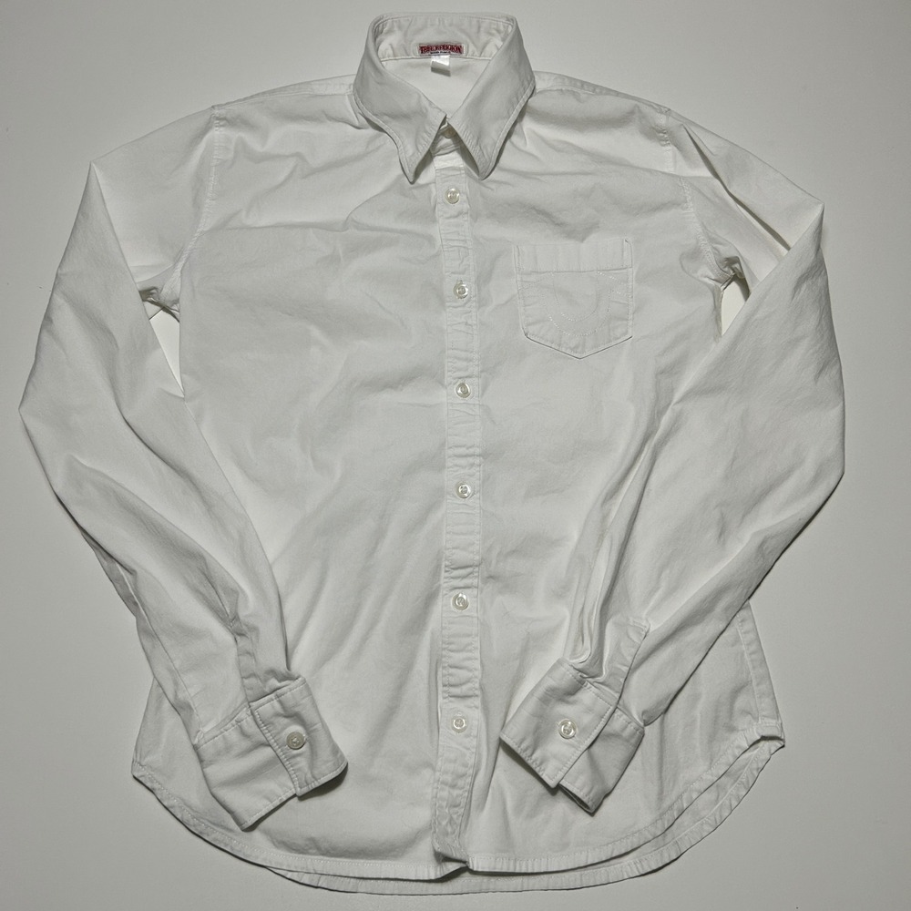 True Religion Mens White Long Sleeve Button Down Shirt Horseshoe Pocket Small